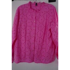 Chouyatou Women's Size M Pink Eyelet Lace Lantern Sleeve Boho Crochet Blouse